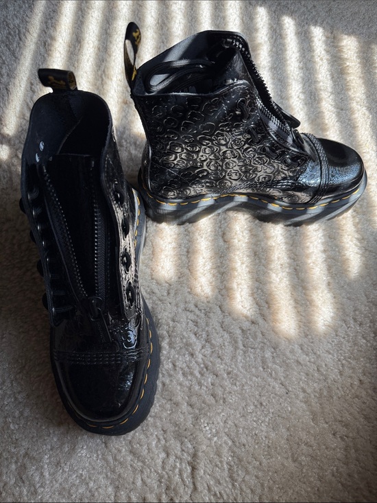 Dr. Martens Shoes - DR. MARTENS AIRWAIR Flower Black Patent Platform Lace-Up Ankle Boots
